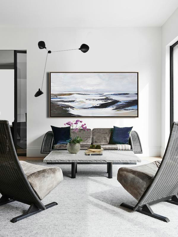 Abstract Painting Extra Large Canvas Art,Horizontal Palette Knife Landscape Art Panoramic Canvas Painting,Modern Wall Decor,White,Grey,Blue,Brown,Black.etc